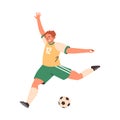 Football soccer player man in action, cartoon vector man athlete running to kick the ball, yellow green sportswear