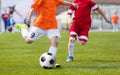 Football Soccer Match for Children. Kids Playing Soccer Game Tournament. Boys Running and Kicking Football. Youth Soccer Football Royalty Free Stock Photo