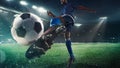 Football or soccer player in action on stadium with flashlights, kicking ball for winning goal, wide angle Royalty Free Stock Photo