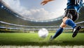 football soccer player kicking in action in blue team euro cup, nations cup ,world cup ,real madrid, inter milan, barcelona, manch Royalty Free Stock Photo