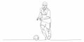 Football, soccer player kicking ball. Isolated vector silhouette. Football defender, striker or goalkeeper