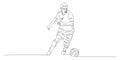 Football, soccer player kicking ball. Isolated vector silhouette. Football defender, striker or goalkeeper