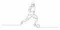 Football, soccer player kicking ball. Isolated vector silhouette. Football defender, striker or goalkeeper