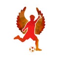 Football soccer player man in action with angel wings white background. Vector illustration