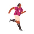 Football soccer player man in action, cartoon black man athlete running, pink sport uniform number 9 vector illustration