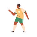 Football soccer player man in action, cartoon black man athlete, yellow green sportswear number 17 vector illustration