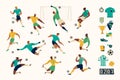 Football soccer player set of isolated characters and modern set of soccer and football icons. Vector illustration. Royalty Free Stock Photo