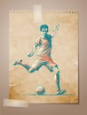 Football, Soccer Player Sketch on Aged Note Pape