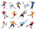 Football soccer player vector illustration set, cartoon flat footballers collection with athlete people jump high, kick