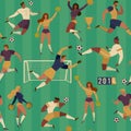 Football soccer players cheerleaders fans set of human figures with merch marks of favourite team Seamless pattern illust