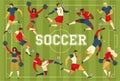 Football soccer players cheerleaders fans on soccer field vector illustration.