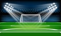 Football or soccer playing field. Sport Game. Football stadium spotlight and scoreboard background with glitter light