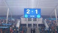 Football Soccer Stadium Championship Match, Scoreboard Screen Showing Score of 2:1. Crowd of Fans Royalty Free Stock Photo