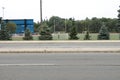 football soccer stadium field track shot from across road street with yellow. p Royalty Free Stock Photo