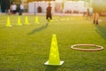 Football Soccer Training Equpment on Practice Session. Soccer Equipment on Soccer Pitch