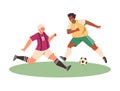 Football soccer two male players match, athletes fighting, kicking ball, sports game competition vector illustration