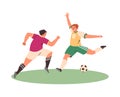 Football soccer two male players match, athletes fighting, kicking ball, vector cartoon Olympic sports game competition