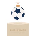 Football Sport Christmas bauble pedestal. Merry Christmas sport greeting card. Hang on a thread soccer, football ball as a xmas