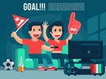 Football Sport fans watching TV broadcasting, guy & girl yell, drink beer cool banner or poster illustration