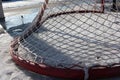 Football sports mesh stretched on the frame gate to the hockey pad in the winter