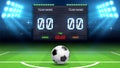 Football stadium background. Realistic soccer ball in green field. Stadium electronic sports scoreboard with soccer time