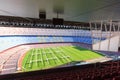 Football stadium Camp Nou interior panorama with grass field, stands and commentators boxes in Barcelona Royalty Free Stock Photo