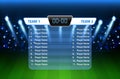Football stadium. Digital game screen with player lists, soccer field lighting, bleachers with flashes, championship