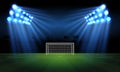 spotlights in football stadium or concert hall with supporters in background, starry night sky and nebula