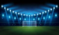 Illuminated Sports Arena for Soccer and football with blurry blue spotlights, starry night sky and nebula