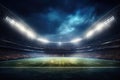 Football stadium at night with green field and lights. 3D rendering, American football stadium in lights and flashes, AI Generated