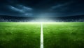 Football stadium, shiny lights, view from field. Soccer concept. football stadium before championship with bright lights. grass Royalty Free Stock Photo