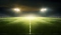 Football stadium, shiny lights, view from field. Soccer concept. football stadium before championship with bright lights. grass Royalty Free Stock Photo