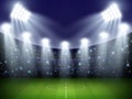 Football stadium. Soccer playground with lighting projectors. World cup night arena. Building on green field. Spotlight