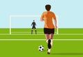 Football striker players are raising football to score goals. With a goalkeeper looking at in football field Royalty Free Stock Photo