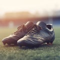 Football stud shoes with soccer ball on artificial grass field. Closeup of cleats on the football field. Royalty Free Stock Photo