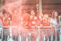 Football supporter fans watching international soccer match at stadium - Young group of excited friends having fun exulting Royalty Free Stock Photo