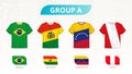 Football t-shirt with flags, teams of group A: Brazil, Bolivia, Venezuela, Peru Royalty Free Stock Photo