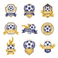 Football team labels. Soccer ball club logo, sport leagues championship stickers, football competition shield emblems Royalty Free Stock Photo