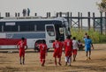 Football team on street in Mandalay, Myanmar Royalty Free Stock Photo
