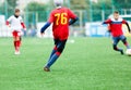 Football teams - boys in red, blue, white uniform play soccer on the green field. boys dribbling. dribbling skills. Royalty Free Stock Photo