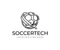 Football technology logo design. Soccer ball and circuit vector design