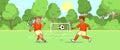 Football teenage players kicking soccer ball green soccer field. vector, flat, cartoon style, comic Royalty Free Stock Photo