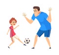 Football time. Sport training, father play soccer with son. People wear uniform, game with ball vector illustration