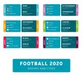 Football 2020 tournament final stage groups and stadium cities vector stock illustration. 2020 European soccer tournament with