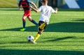 Football training soccer for kids. Boy runs kicks dribbles soccer balls. Young footballers dribble and kick football ball in game. Royalty Free Stock Photo