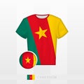 Football uniform of national team of Cameroon with football ball with flag of Cameroon. Soccer jersey and soccerball with flag