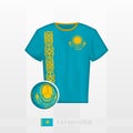 Football uniform of national team of Kazakhstan with football ball with flag of Kazakhstan. Soccer jersey and soccerball with flag