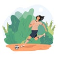 football woman brunette running color background green