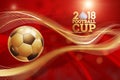 Football, 2018 World Cup in Russia, cup, red background. Sports theme, tournament, soccer. Illustration, gold lettering. copy Royalty Free Stock Photo