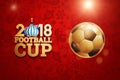 Football, 2018 World Cup in Russia, cup, red background. Sports theme, tournament, soccer. Illustration, gold lettering. copy Royalty Free Stock Photo